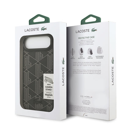 iPhone 17 Air Kılıf Lacoste Orjinal Lisanslı M-safe Şarj Özellikli Standlı PU Deri Karışık Monogram Desenli Kapak