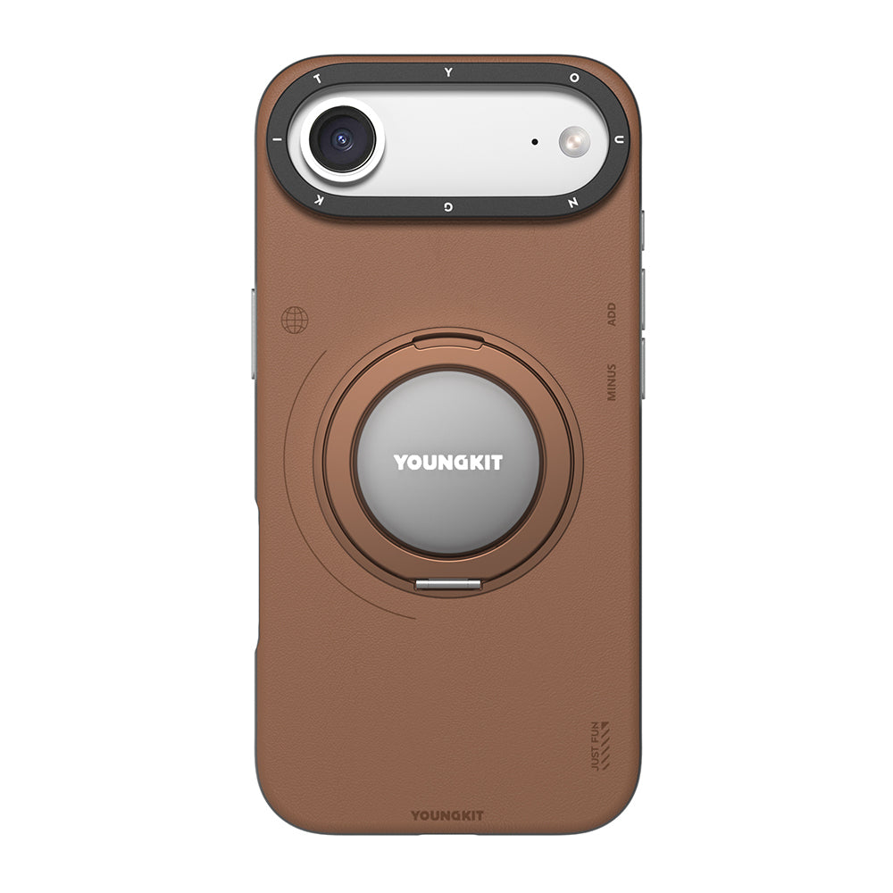iPhone 17 Air Kılıf M-safe Şarj Özellikli 360 Derece Standlı Basit Mat Deri Desenli Youngkit Tech Leather Serisi Kapak