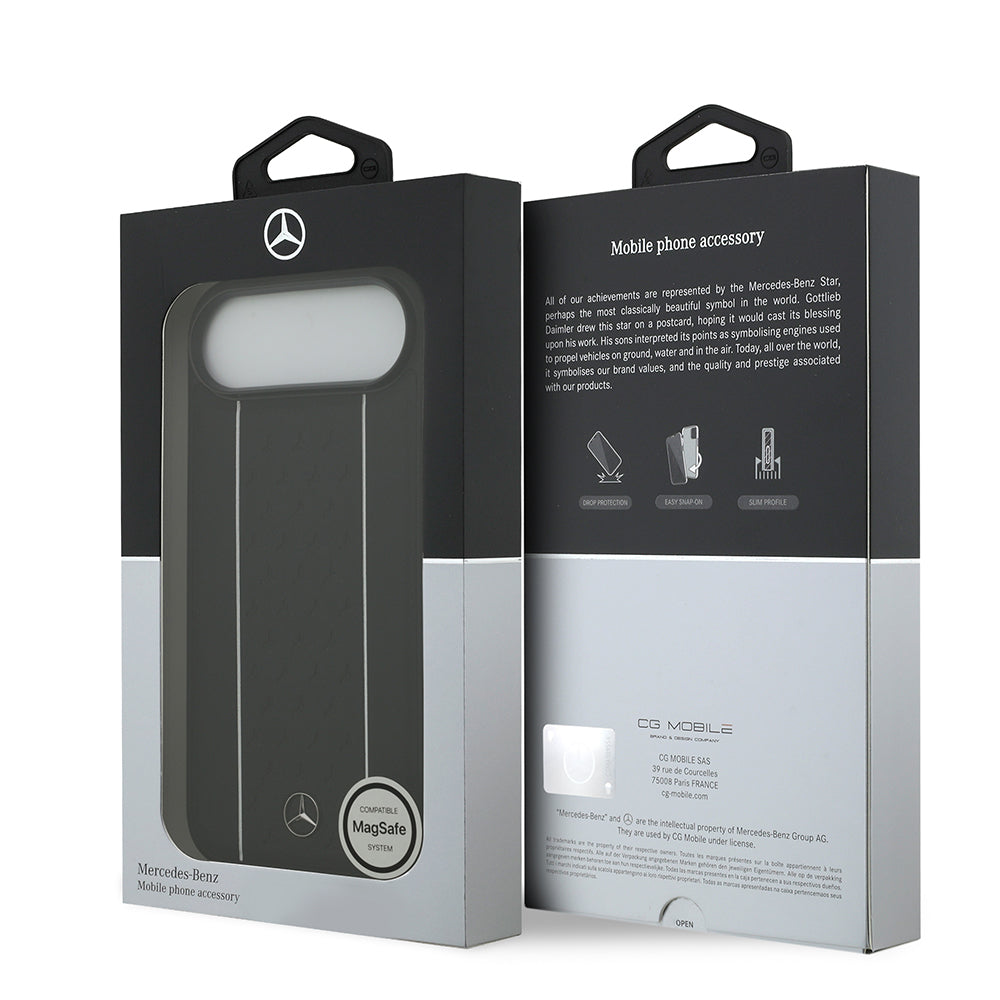 iPhone 17 Air Kılıf Mercedes Benz Orjinal Lisanslı M-safe Şarj Özellikli Şeritli Yıldız Desenli Metal Logolu Deri Kapak