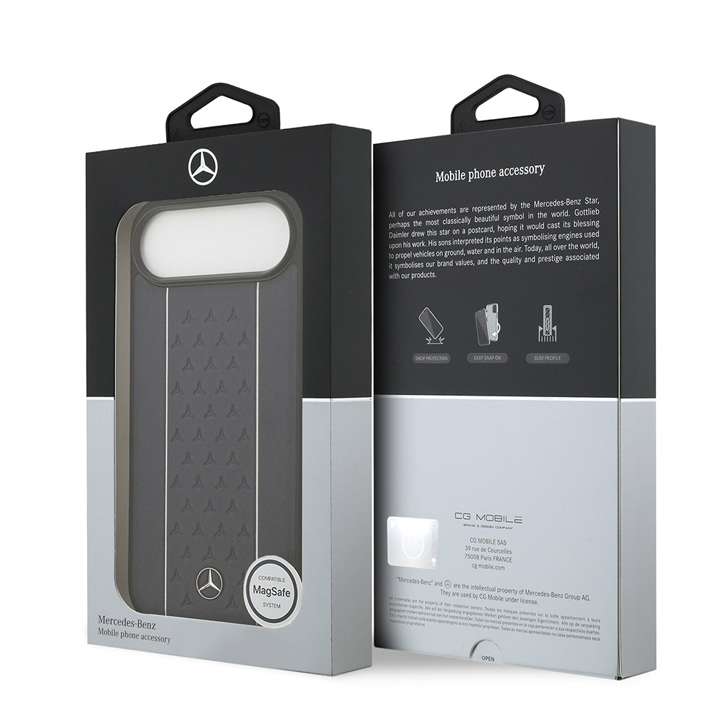 iPhone 17 Air Kılıf Mercedes Benz Orjinal Lisanslı M-safe Şarj Özellikli Şeritli Yıldız Desenli Metal Logolu Deri Kapak