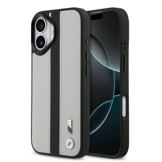iPhone 17 Kılıf BMW Orjinal Lisanslı M-safe Şarj Özellikli Deri Arka Yüzey Metal Logolu Delikli Şerit Tasarımlı Kapak
