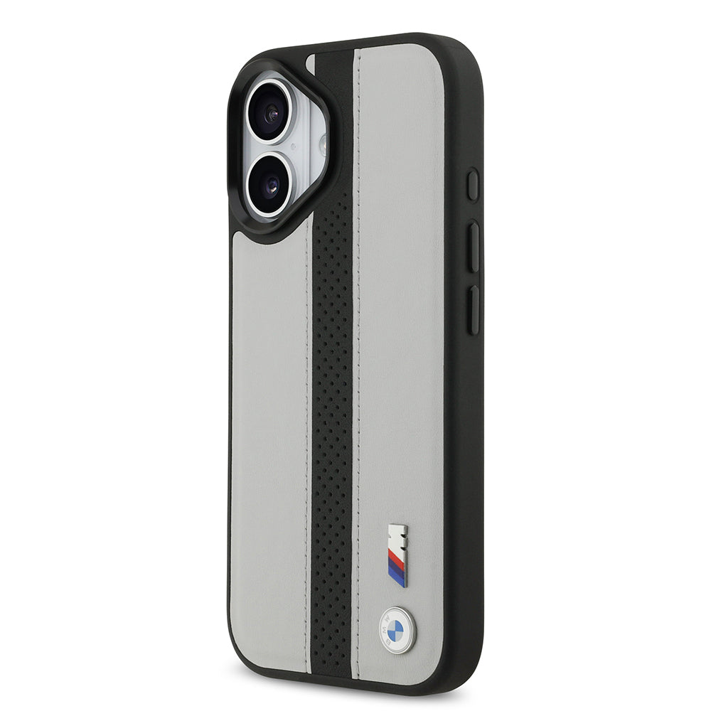 iPhone 17 Kılıf BMW Orjinal Lisanslı M-safe Şarj Özellikli Deri Arka Yüzey Metal Logolu Delikli Şerit Tasarımlı Kapak