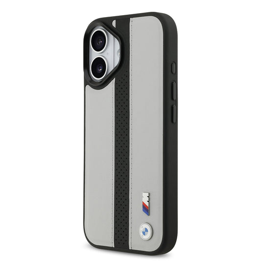 iPhone 17 Kılıf BMW Orjinal Lisanslı M-safe Şarj Özellikli Deri Arka Yüzey Metal Logolu Delikli Şerit Tasarımlı Kapak