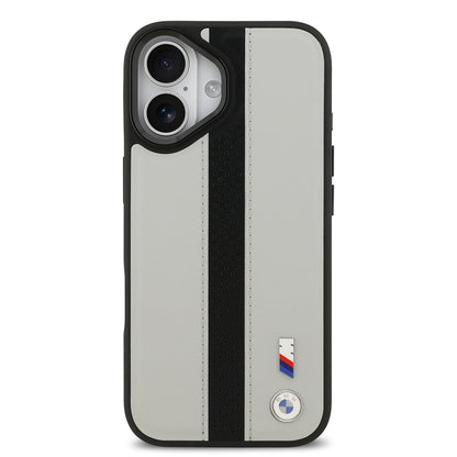 iPhone 17 Kılıf BMW Orjinal Lisanslı M-safe Şarj Özellikli Deri Arka Yüzey Metal Logolu Delikli Şerit Tasarımlı Kapak