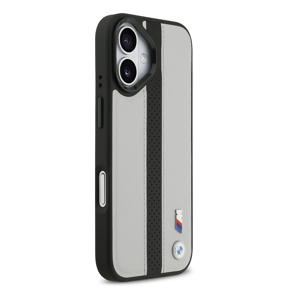 iPhone 17 Kılıf BMW Orjinal Lisanslı M-safe Şarj Özellikli Deri Arka Yüzey Metal Logolu Delikli Şerit Tasarımlı Kapak