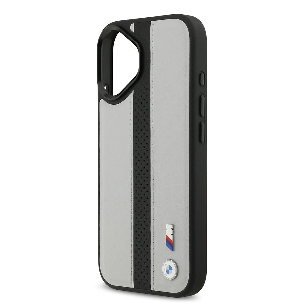 iPhone 17 Kılıf BMW Orjinal Lisanslı M-safe Şarj Özellikli Deri Arka Yüzey Metal Logolu Delikli Şerit Tasarımlı Kapak
