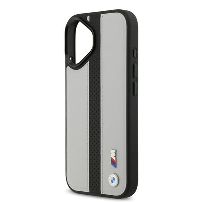 iPhone 17 Kılıf BMW Orjinal Lisanslı M-safe Şarj Özellikli Deri Arka Yüzey Metal Logolu Delikli Şerit Tasarımlı Kapak