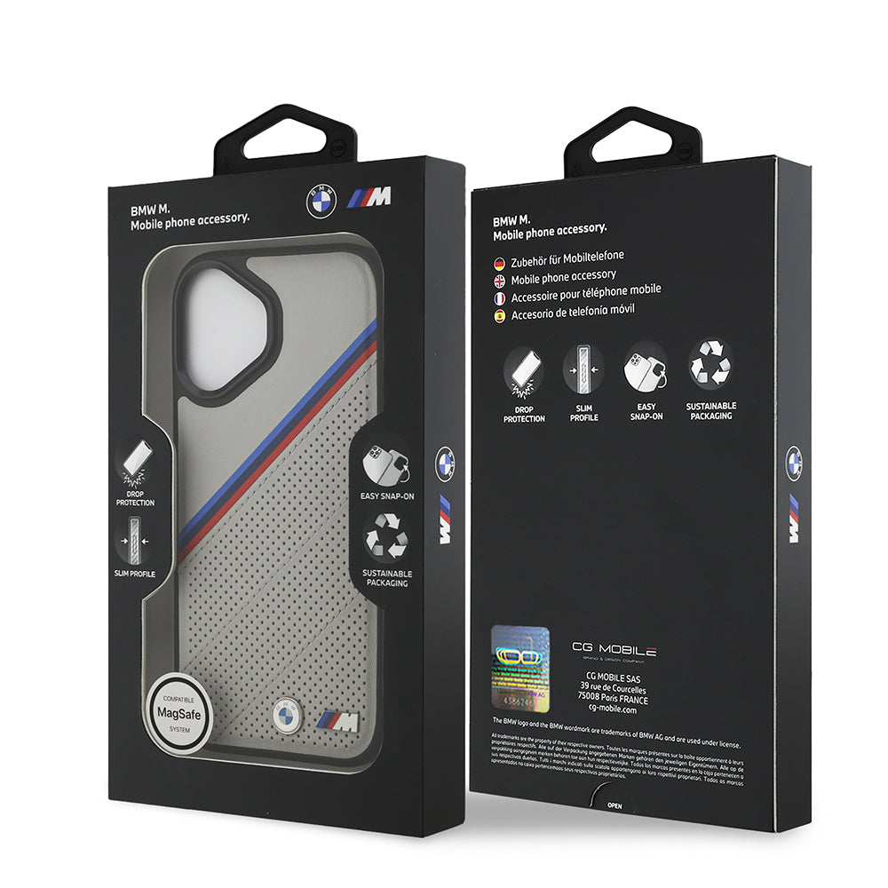 iPhone 17 Kılıf BMW Orjinal Lisanslı M-safe Şarj Özellikli M Logolu Üç Şeritli Delikli Deri Kapak