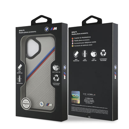 iPhone 17 Kılıf BMW Orjinal Lisanslı M-safe Şarj Özellikli M Logolu Üç Şeritli Delikli Deri Kapak