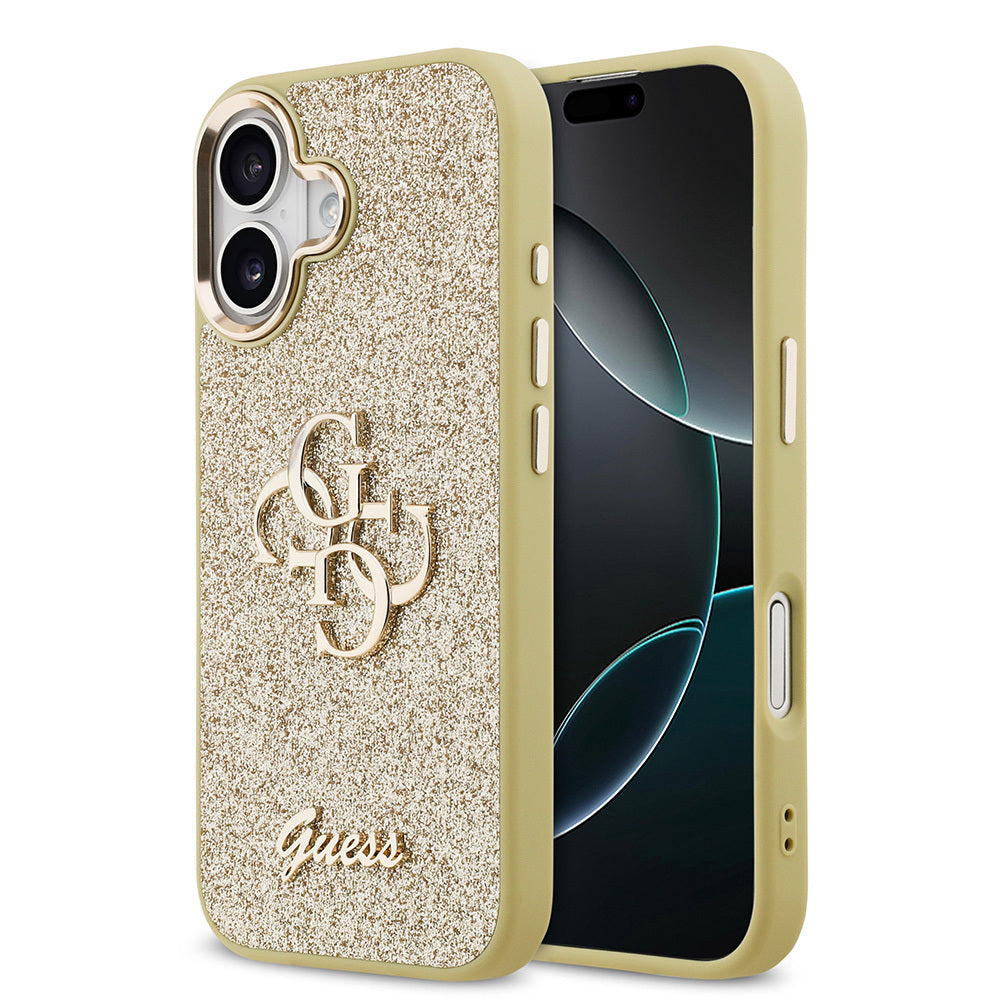 iPhone 17 Kılıf Guess Orjinal Lisanslı 4G Büyük Metal Kamera Çerçeveli ve Logolu Glitter Kapak