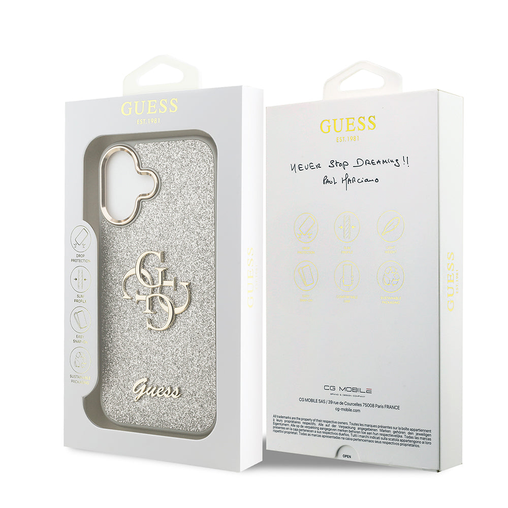 iPhone 17 Kılıf Guess Orjinal Lisanslı 4G Büyük Metal Kamera Çerçeveli ve Logolu Glitter Kapak