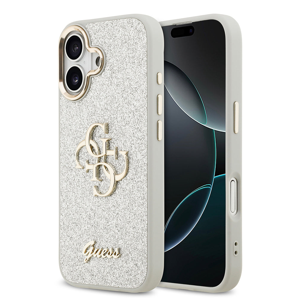 iPhone 17 Kılıf Guess Orjinal Lisanslı 4G Büyük Metal Kamera Çerçeveli ve Logolu Glitter Kapak