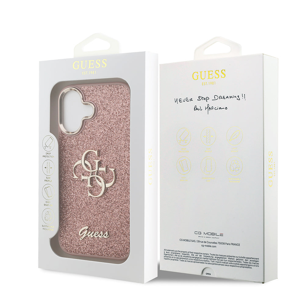 iPhone 17 Kılıf Guess Orjinal Lisanslı 4G Büyük Metal Kamera Çerçeveli ve Logolu Glitter Kapak