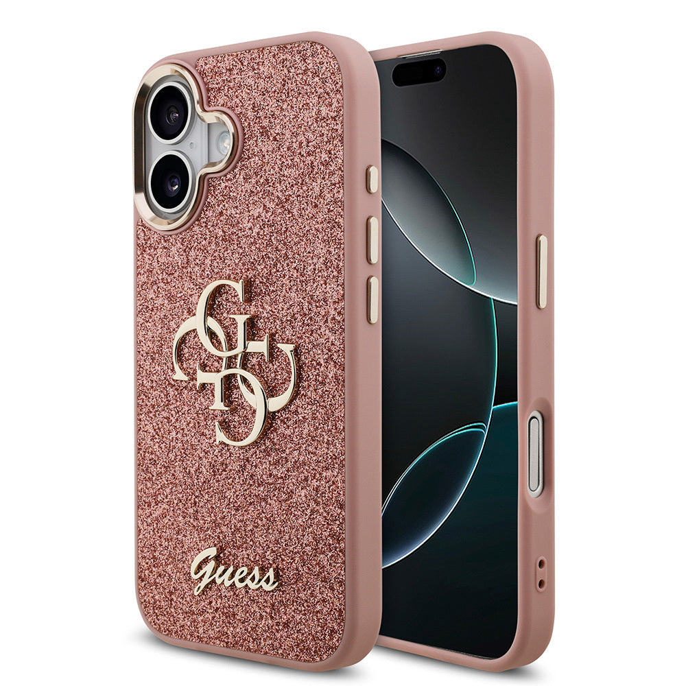 iPhone 17 Kılıf Guess Orjinal Lisanslı 4G Büyük Metal Kamera Çerçeveli ve Logolu Glitter Kapak