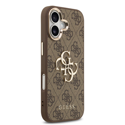 iPhone 17 Kılıf Guess Orjinal Lisanslı Gold Metal Kamera Çerçeveli 4G Desenli Metal Büyük 4G ve Yazı Logolu Kapak