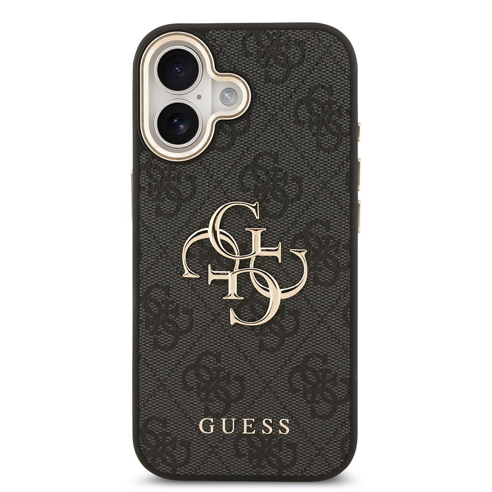 iPhone 17 Kılıf Guess Orjinal Lisanslı Gold Metal Kamera Çerçeveli 4G Desenli Metal Büyük 4G ve Yazı Logolu Kapak