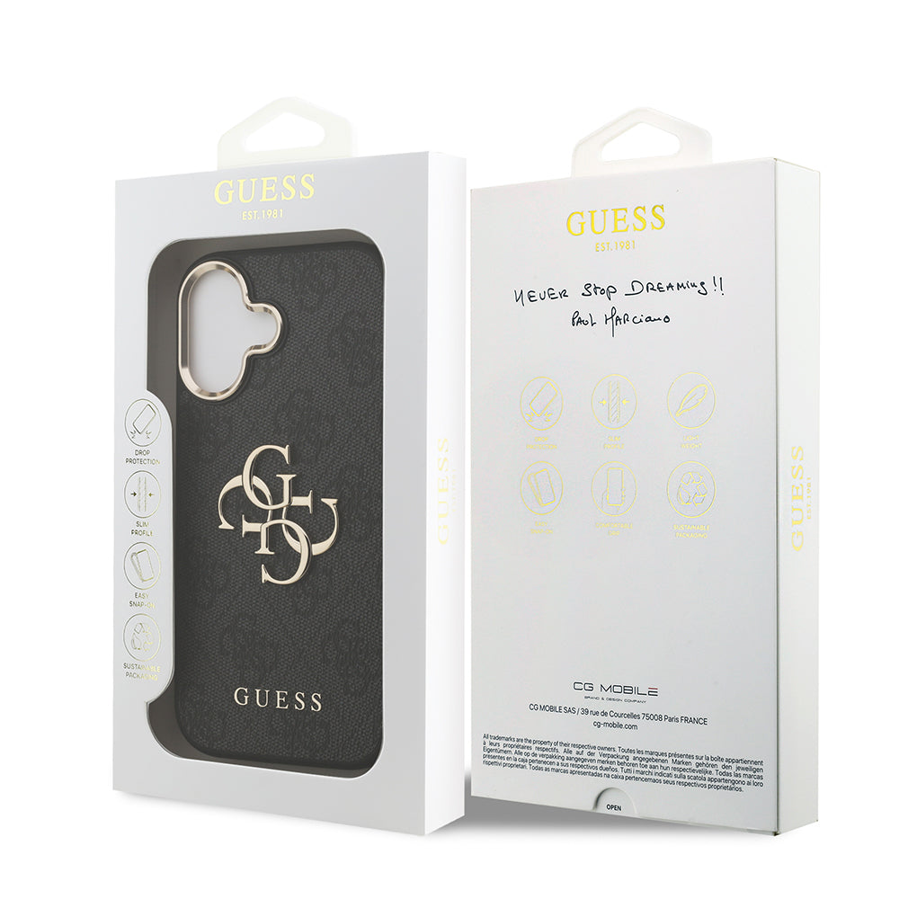 iPhone 17 Kılıf Guess Orjinal Lisanslı Gold Metal Kamera Çerçeveli 4G Desenli Metal Büyük 4G ve Yazı Logolu Kapak
