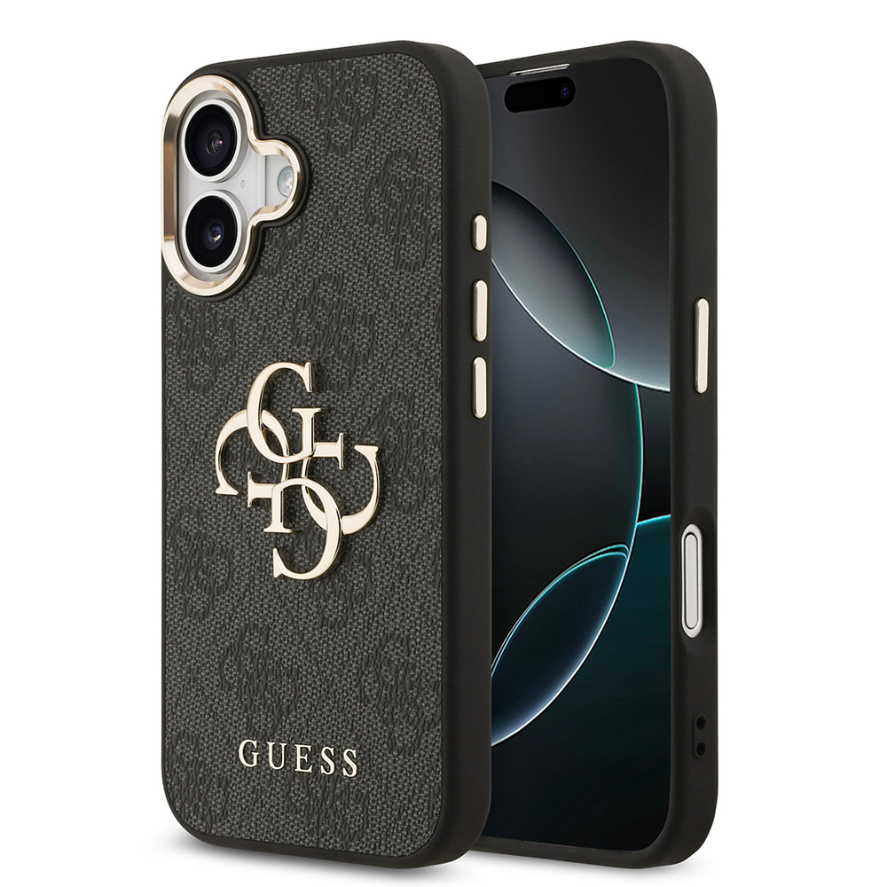 iPhone 17 Kılıf Guess Orjinal Lisanslı Gold Metal Kamera Çerçeveli 4G Desenli Metal Büyük 4G ve Yazı Logolu Kapak