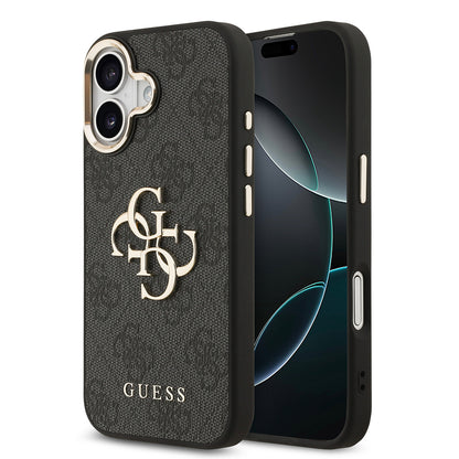 iPhone 17 Kılıf Guess Orjinal Lisanslı Gold Metal Kamera Çerçeveli 4G Desenli Metal Büyük 4G ve Yazı Logolu Kapak