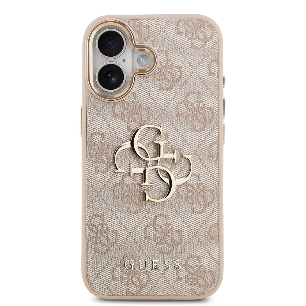 iPhone 17 Kılıf Guess Orjinal Lisanslı Gold Metal Kamera Çerçeveli 4G Desenli Metal Büyük 4G ve Yazı Logolu Kapak