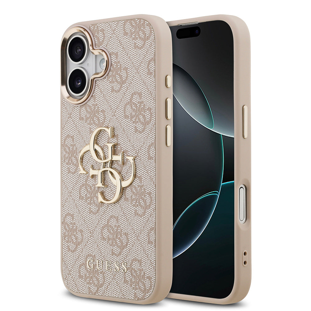 iPhone 17 Kılıf Guess Orjinal Lisanslı Gold Metal Kamera Çerçeveli 4G Desenli Metal Büyük 4G ve Yazı Logolu Kapak