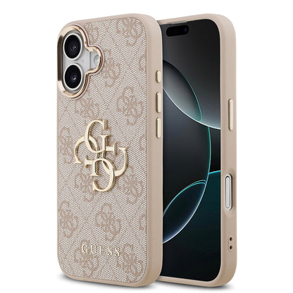 iPhone 17 Kılıf Guess Orjinal Lisanslı Gold Metal Kamera Çerçeveli 4G Desenli Metal Büyük 4G ve Yazı Logolu Kapak