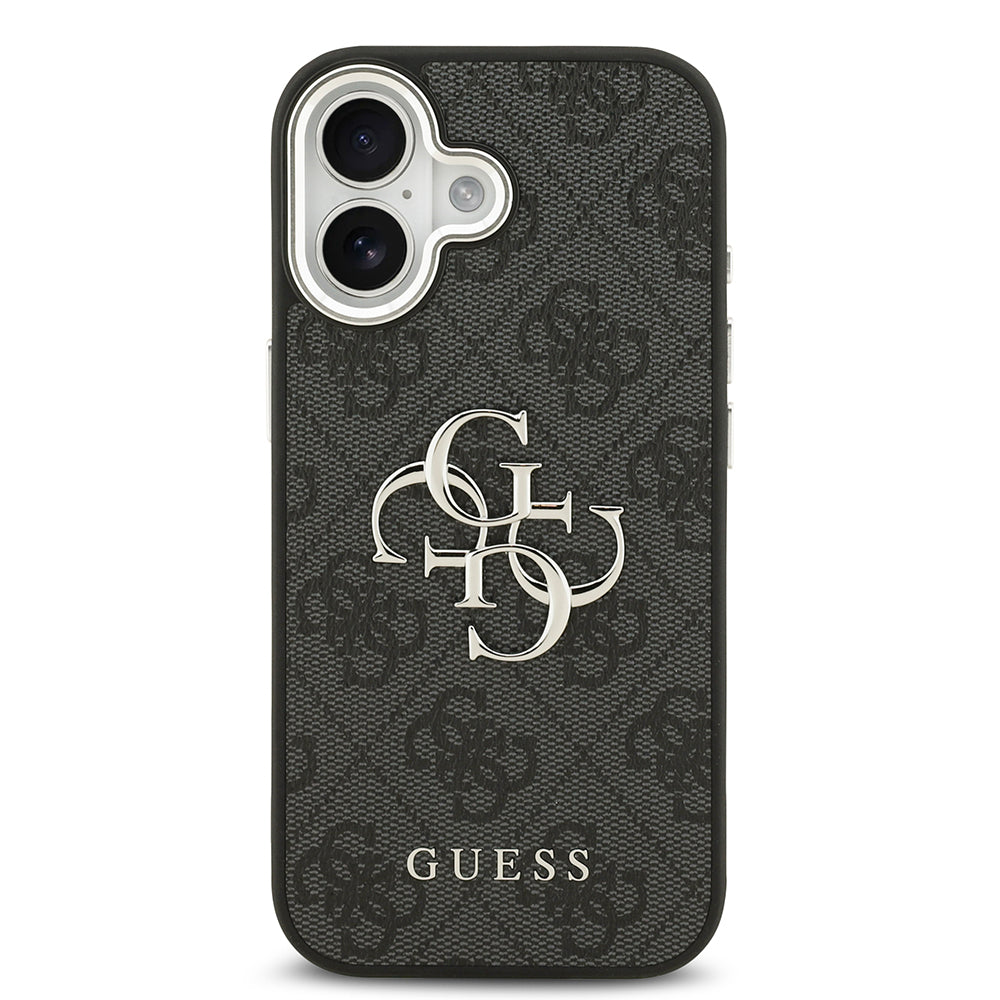 iPhone 17 Kılıf Guess Orjinal Lisanslı Gümüş Metal Kamera Çerçeveli 4G Desenli Metal Büyük 4G ve Yazı Logolu Kapak