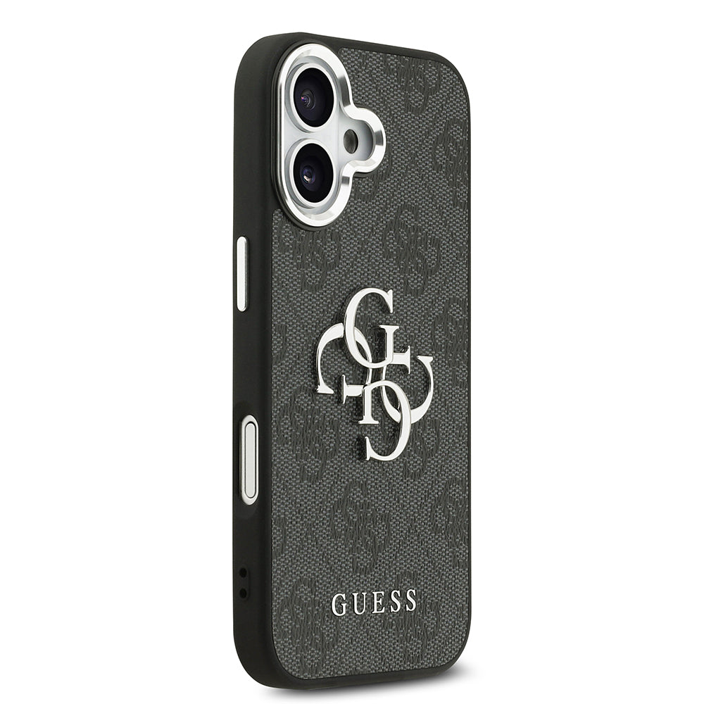 iPhone 17 Kılıf Guess Orjinal Lisanslı Gümüş Metal Kamera Çerçeveli 4G Desenli Metal Büyük 4G ve Yazı Logolu Kapak