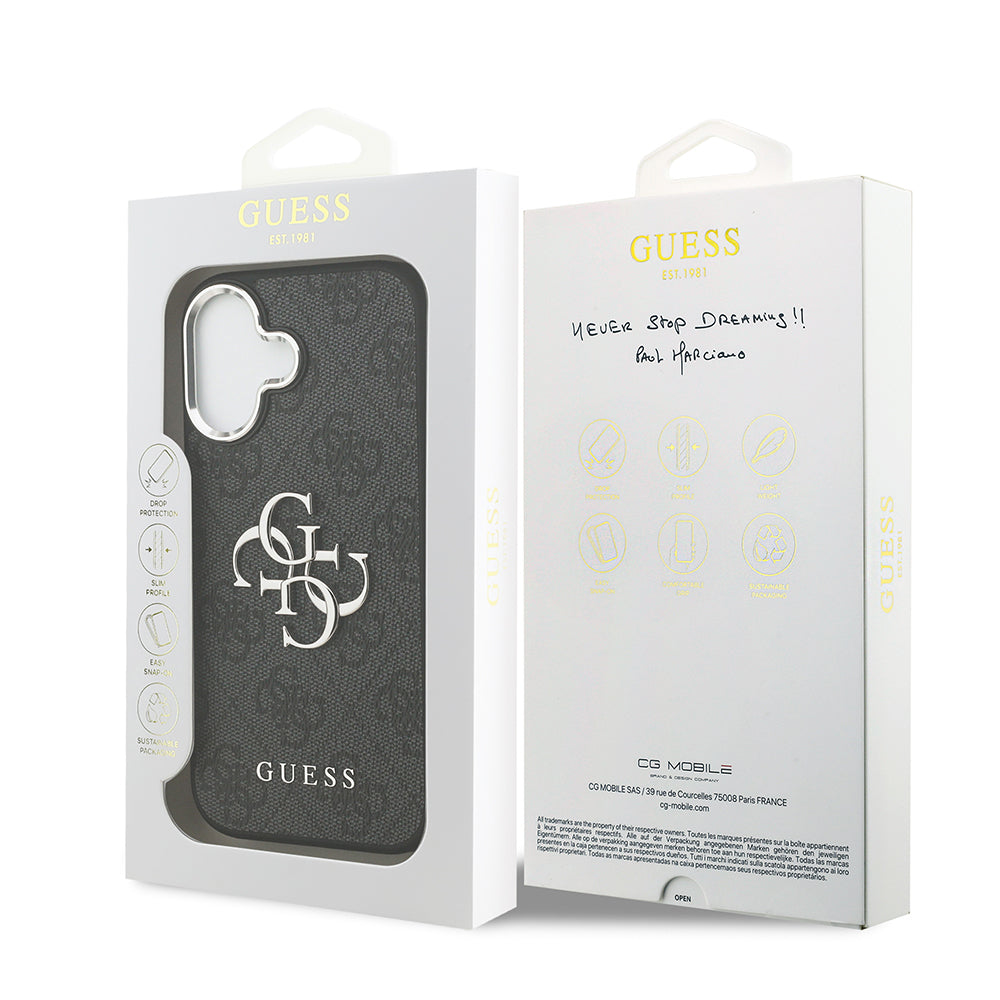 iPhone 17 Kılıf Guess Orjinal Lisanslı Gümüş Metal Kamera Çerçeveli 4G Desenli Metal Büyük 4G ve Yazı Logolu Kapak