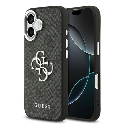 iPhone 17 Kılıf Guess Orjinal Lisanslı Gümüş Metal Kamera Çerçeveli 4G Desenli Metal Büyük 4G ve Yazı Logolu Kapak