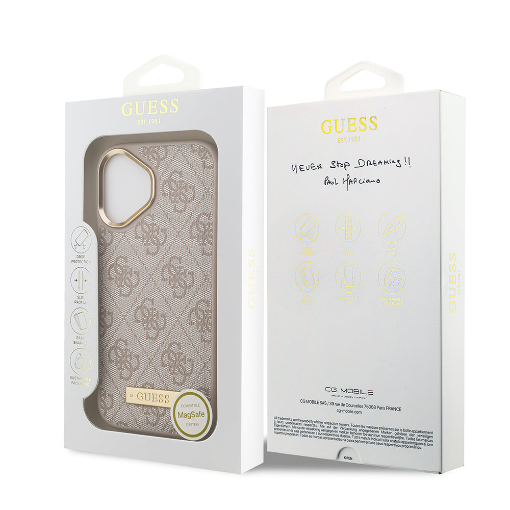 iPhone 17 Kılıf Guess Orjinal Lisanslı M-safe Şarj Özellikli 4G Desenli PU Metal Plaka Klasik Logolu Kapak