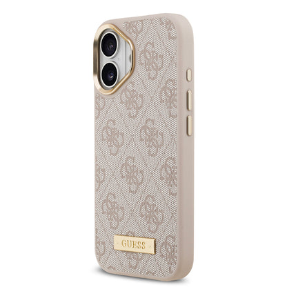 iPhone 17 Kılıf Guess Orjinal Lisanslı M-safe Şarj Özellikli 4G Desenli PU Metal Plaka Klasik Logolu Kapak