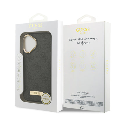 iPhone 17 Kılıf Guess Orjinal Lisanslı M-safe Şarj Özellikli 4G Desenli PU Metal Plaka Klasik Logolu Kapak
