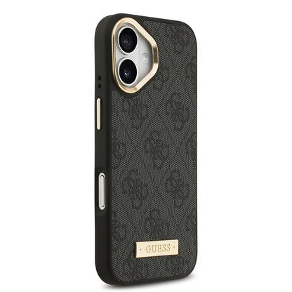iPhone 17 Kılıf Guess Orjinal Lisanslı M-safe Şarj Özellikli 4G Desenli PU Metal Plaka Klasik Logolu Kapak