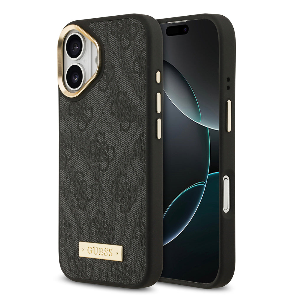 iPhone 17 Kılıf Guess Orjinal Lisanslı M-safe Şarj Özellikli 4G Desenli PU Metal Plaka Klasik Logolu Kapak