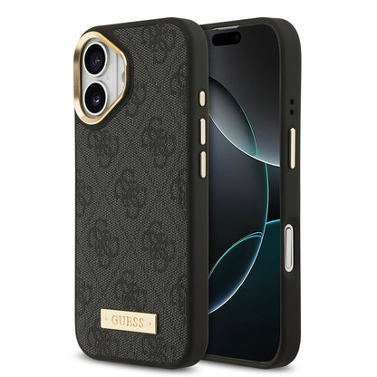 iPhone 17 Kılıf Guess Orjinal Lisanslı M-safe Şarj Özellikli 4G Desenli PU Metal Plaka Klasik Logolu Kapak