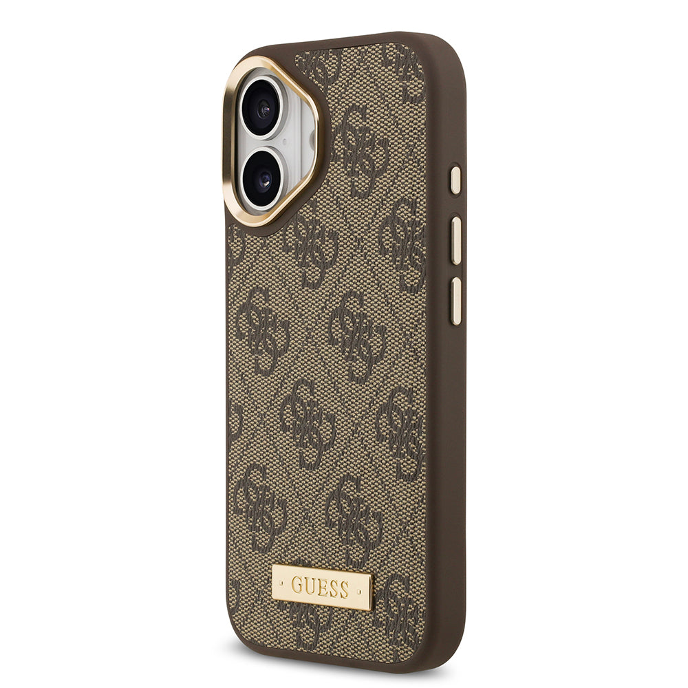 iPhone 17 Kılıf Guess Orjinal Lisanslı M-safe Şarj Özellikli 4G Desenli PU Metal Plaka Klasik Logolu Kapak
