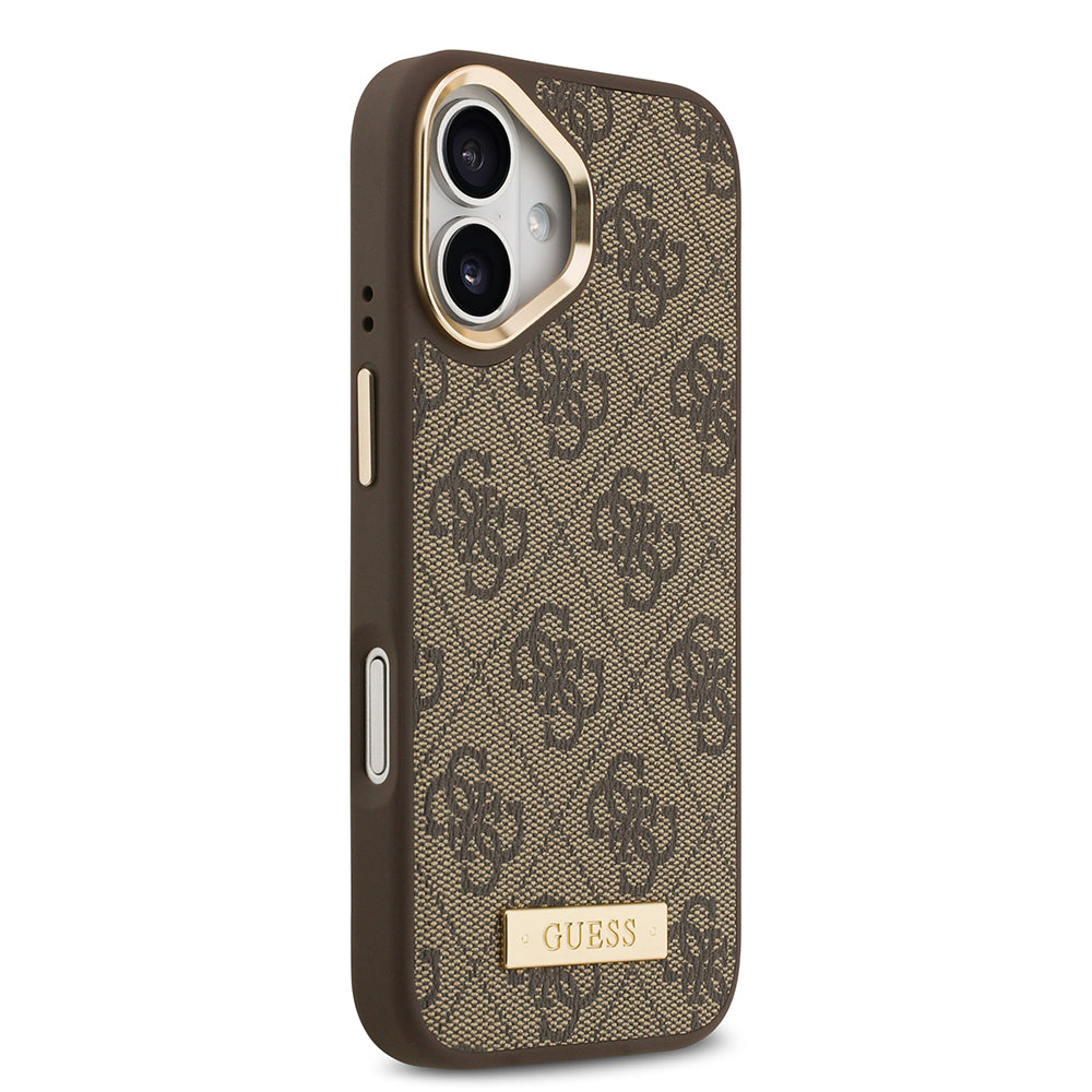 iPhone 17 Kılıf Guess Orjinal Lisanslı M-safe Şarj Özellikli 4G Desenli PU Metal Plaka Klasik Logolu Kapak