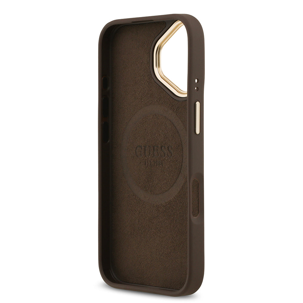 iPhone 17 Kılıf Guess Orjinal Lisanslı M-safe Şarj Özellikli 4G Desenli PU Metal Plaka Klasik Logolu Kapak