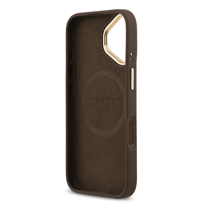 iPhone 17 Kılıf Guess Orjinal Lisanslı M-safe Şarj Özellikli 4G Desenli PU Metal Plaka Klasik Logolu Kapak