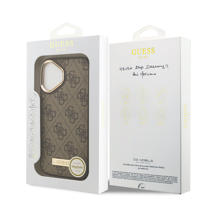 iPhone 17 Kılıf Guess Orjinal Lisanslı M-safe Şarj Özellikli 4G Desenli PU Metal Plaka Klasik Logolu Kapak