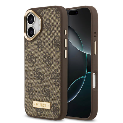 iPhone 17 Kılıf Guess Orjinal Lisanslı M-safe Şarj Özellikli 4G Desenli PU Metal Plaka Klasik Logolu Kapak