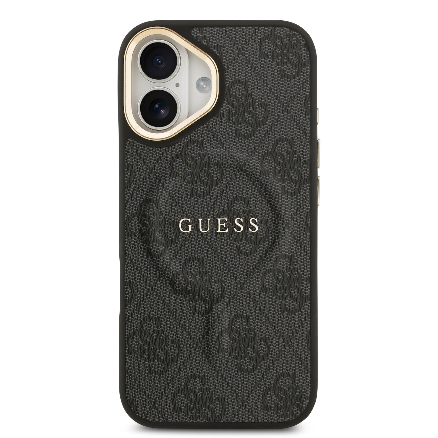iPhone 17 Kılıf Guess Orjinal Lisanslı M-safe Şarj Özellikli Gold Metal Kamera Çerçeveli PU Deri 4G Desenli Yazı Logolu Kapak