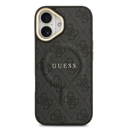 iPhone 17 Kılıf Guess Orjinal Lisanslı M-safe Şarj Özellikli Gold Metal Kamera Çerçeveli PU Deri 4G Desenli Yazı Logolu Kapak