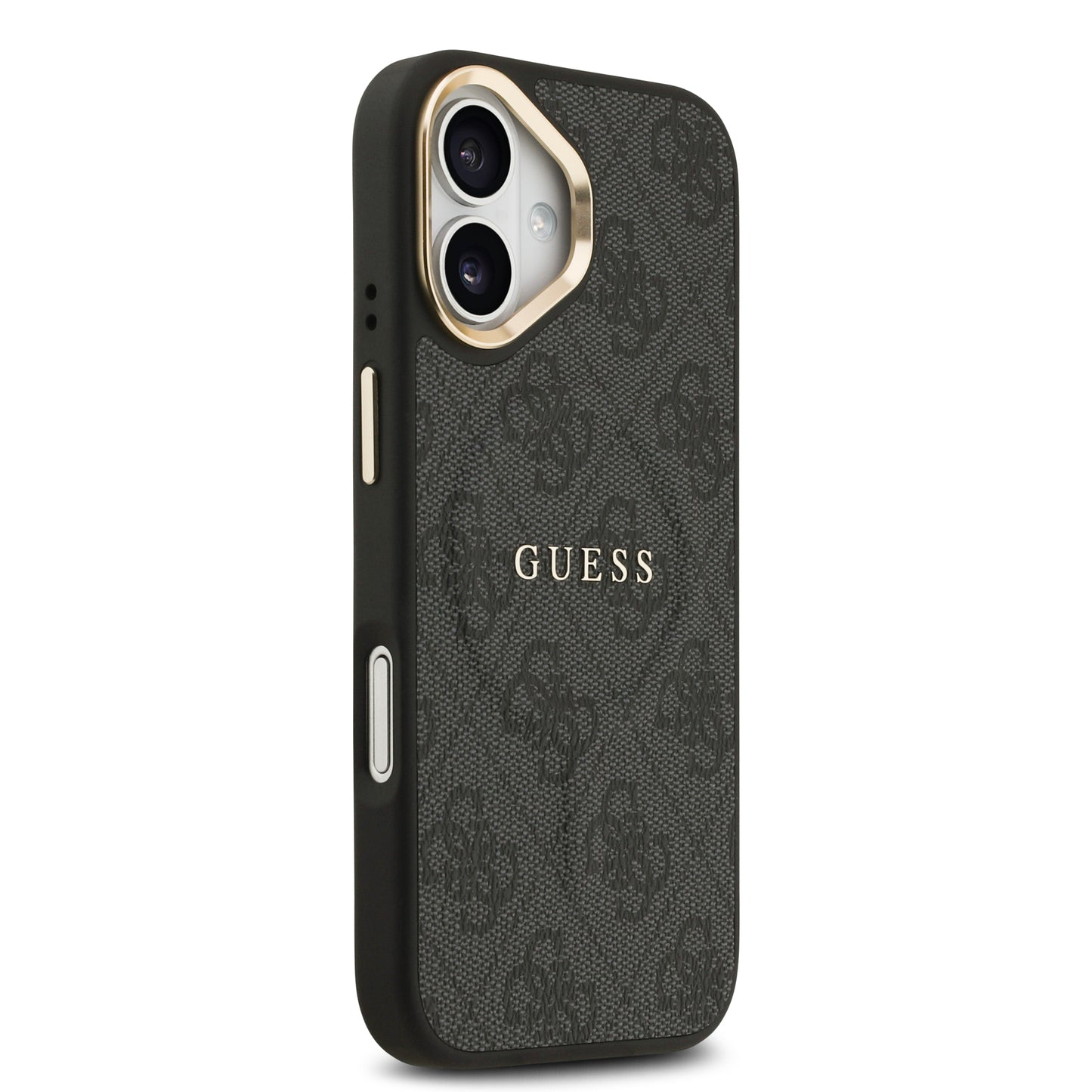iPhone 17 Kılıf Guess Orjinal Lisanslı M-safe Şarj Özellikli Gold Metal Kamera Çerçeveli PU Deri 4G Desenli Yazı Logolu Kapak