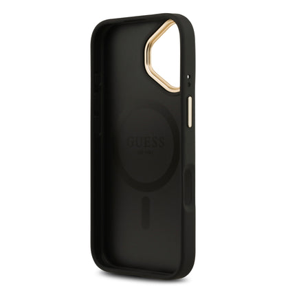iPhone 17 Kılıf Guess Orjinal Lisanslı M-safe Şarj Özellikli Gold Metal Kamera Çerçeveli PU Deri 4G Desenli Yazı Logolu Kapak