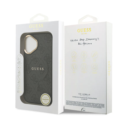 iPhone 17 Kılıf Guess Orjinal Lisanslı M-safe Şarj Özellikli Gold Metal Kamera Çerçeveli PU Deri 4G Desenli Yazı Logolu Kapak