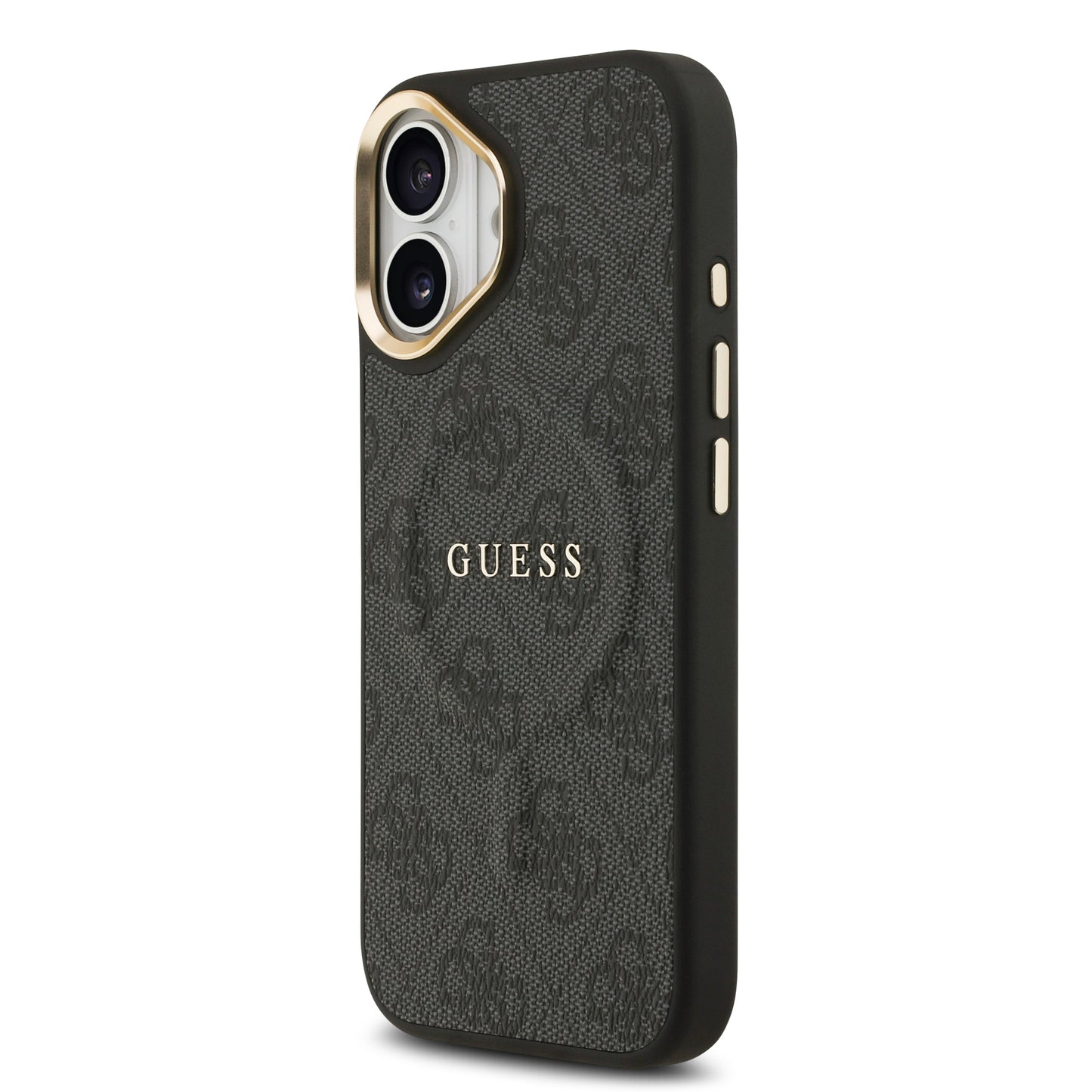 iPhone 17 Kılıf Guess Orjinal Lisanslı M-safe Şarj Özellikli Gold Metal Kamera Çerçeveli PU Deri 4G Desenli Yazı Logolu Kapak