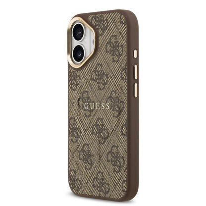 iPhone 17 Kılıf Guess Orjinal Lisanslı M-safe Şarj Özellikli Gold Metal Kamera Çerçeveli PU Deri 4G Desenli Yazı Logolu Kapak