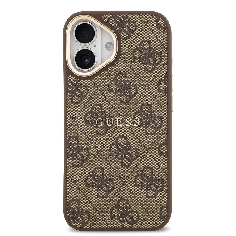 iPhone 17 Kılıf Guess Orjinal Lisanslı M-safe Şarj Özellikli Gold Metal Kamera Çerçeveli PU Deri 4G Desenli Yazı Logolu Kapak